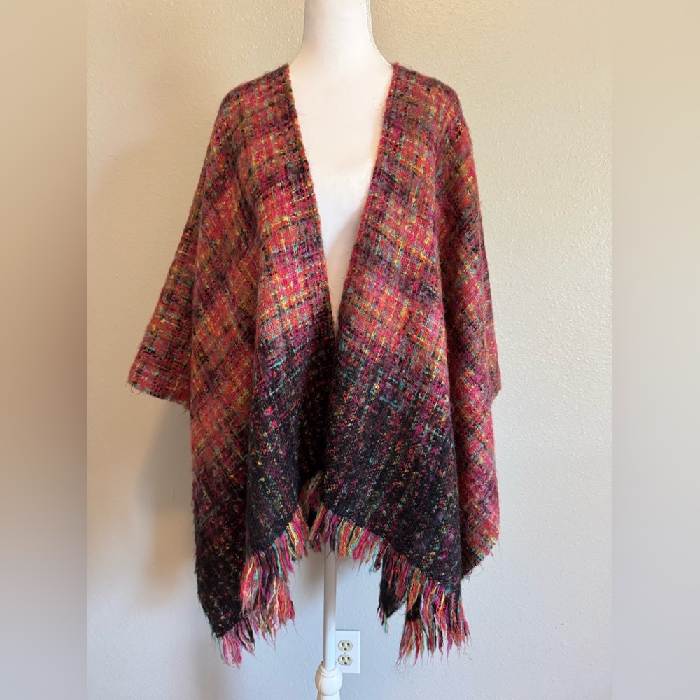 Vintage Mohair Blend Poncho Wrap Shawl Multicolor Spring‎ Transition Boho